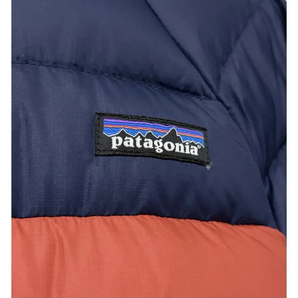 Patagonia Reversible Down Sweater Hoodie Boys Jacket M 10 Navy Brown Pockets